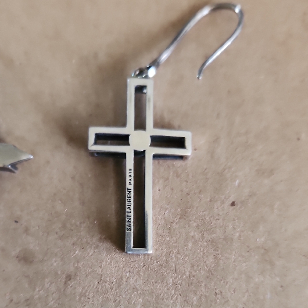 Yves Saint Laurent Asymetrical Oxidized Silver Tone Cross Drop Earrings - Picture 5 of 9